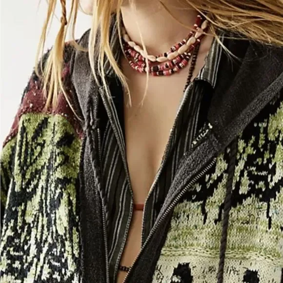 Free People Golden Hour Cardi Jacket Hooded Mixed Knit Piecing Black OrangeGreen - Picture 3 of 7
